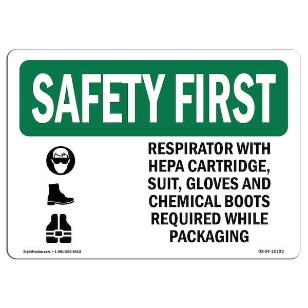 OSHA Sign, Respirator W/ Hepa Cartridge W/ Symbol, 10in X 7in Aluminum, 10" W, 7" H, Landscape